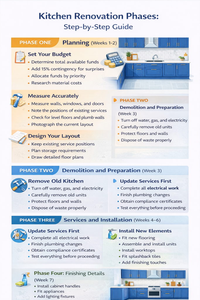 A step-by-step infographic showing the 4 kitchen renovation phases from planning and demolition to installation and finishing details, designed to serve as a comprehensive budget kitchen renovation guide.