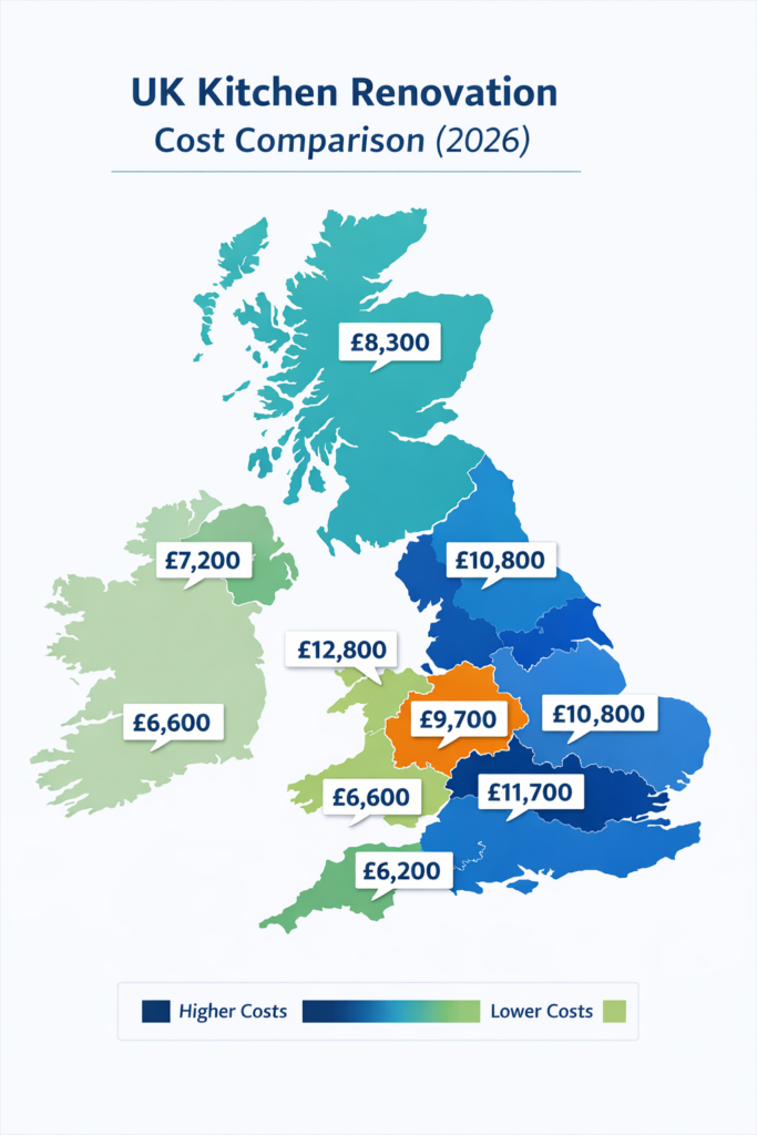 UK regional kitchen renovation cost comparison map showing average renovation prices including West Midlands and London