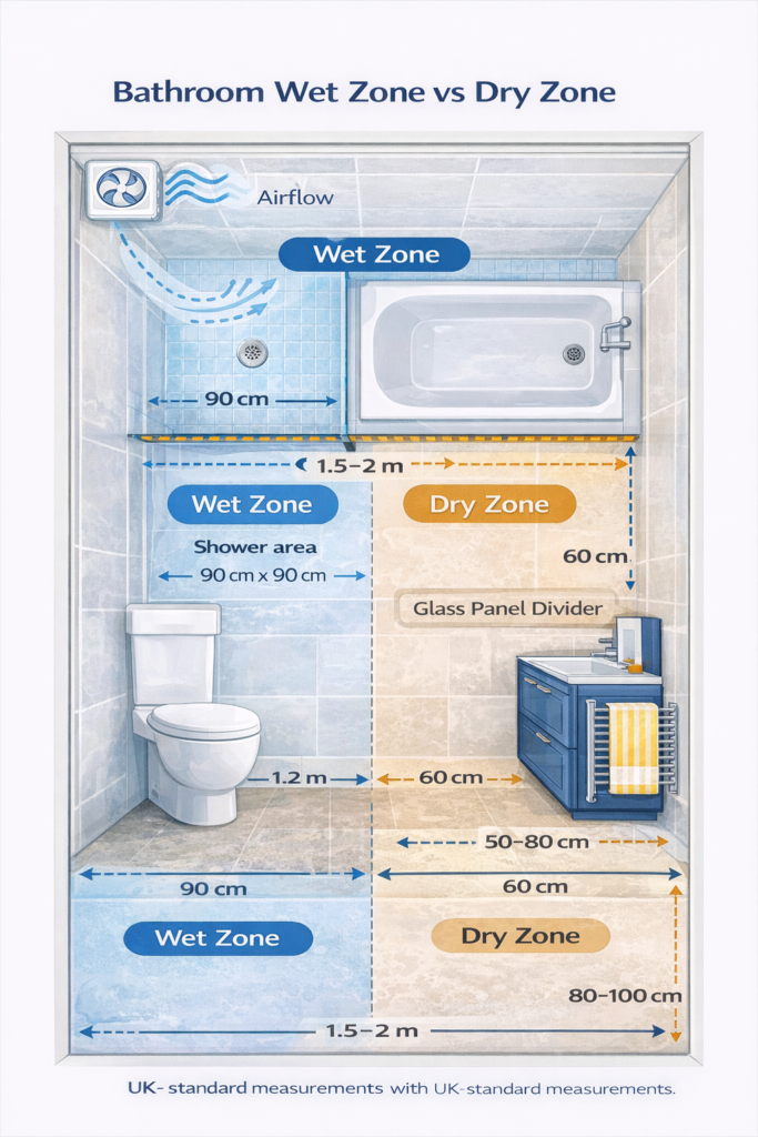 Top-down bathroom floor plan showing wet zone (blue tint) and dry zone (warm neutral tint) with a glass panel divider. Label airflow from the extractor fan, the drain position, and the towel warmer placement. Clean, readable graphic with UK-standard measurements.