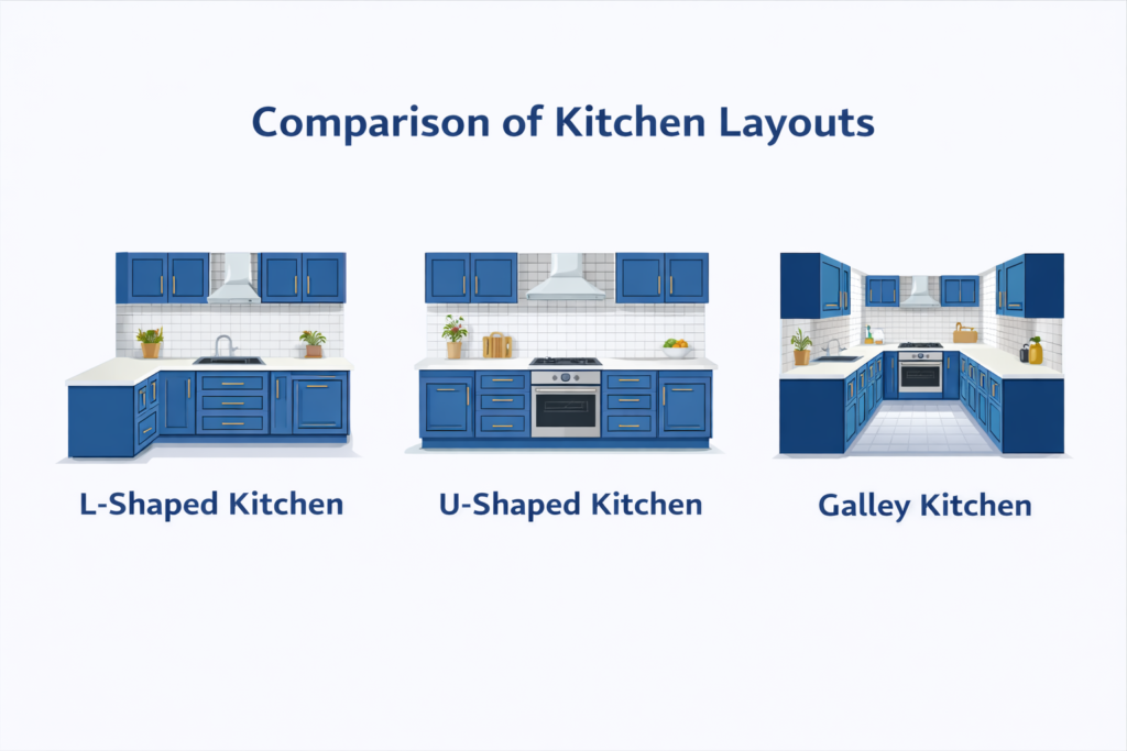 An infographic showing a comparison of kitchen layouts, featuring L-shaped, U-shaped, and galley kitchen designs to help homeowners plan kitchen remodel configurations.