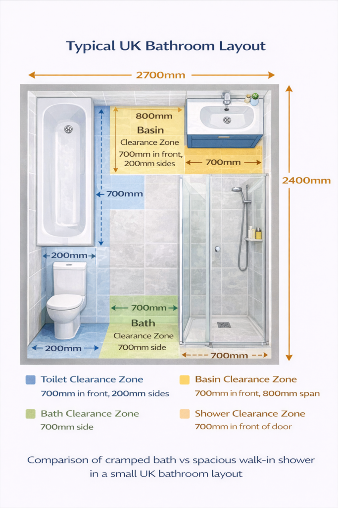 A simple overhead floor plan showing a typical UK bathroom (2700mm x 2400mm) with colour-coded minimum clearance zones around the toilet (700mm front, 200mm sides), basin (700mm front, 800mm span), bath (700mm side), and shower (700mm in front of door). Label each zone clearly with measurements. Clean, minimal graphic style.