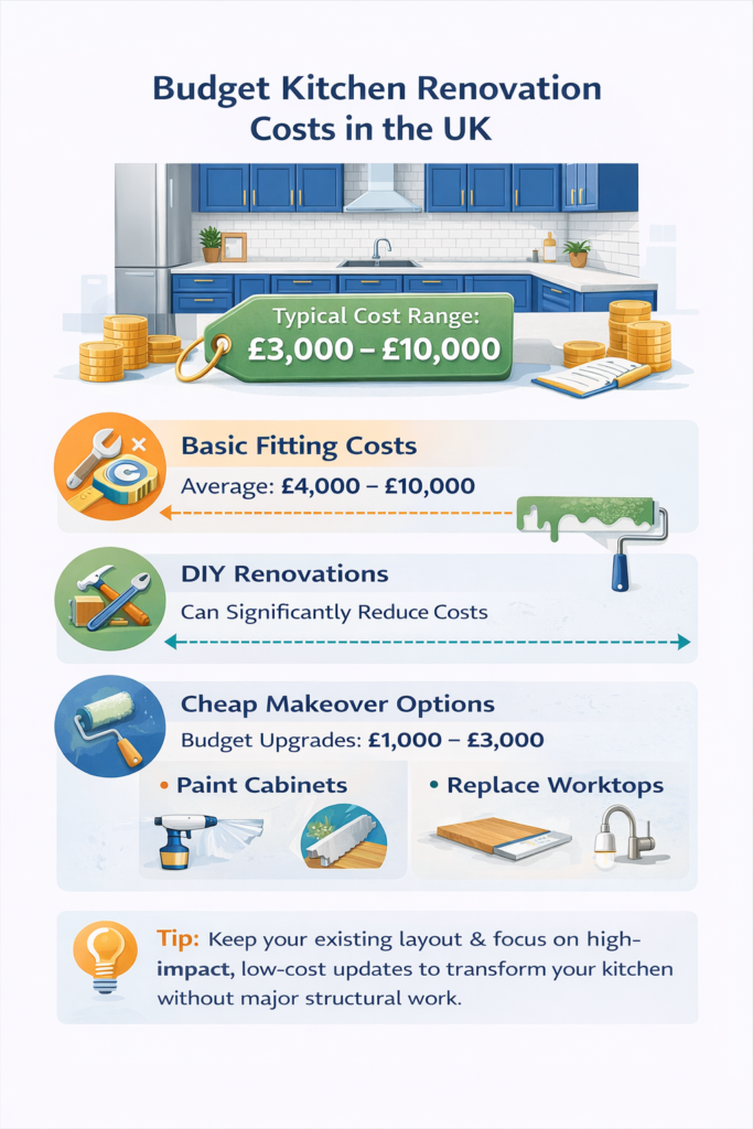 An infographic serving as a budget kitchen renovation guide in the UK, breaking down typical cost ranges from £3,000 to £10,000, basic fitting costs, DIY savings, and cheap makeover options like painting cabinets.