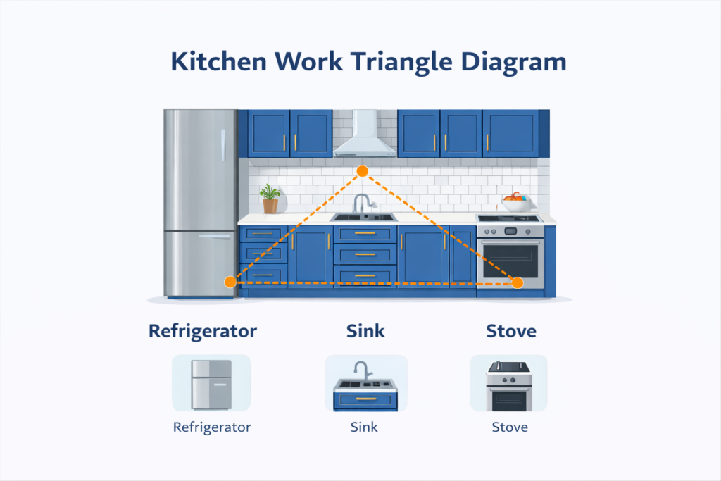 An infographic illustrating the classic work triangle principle used to efficiently design and plan kitchen remodel layouts.