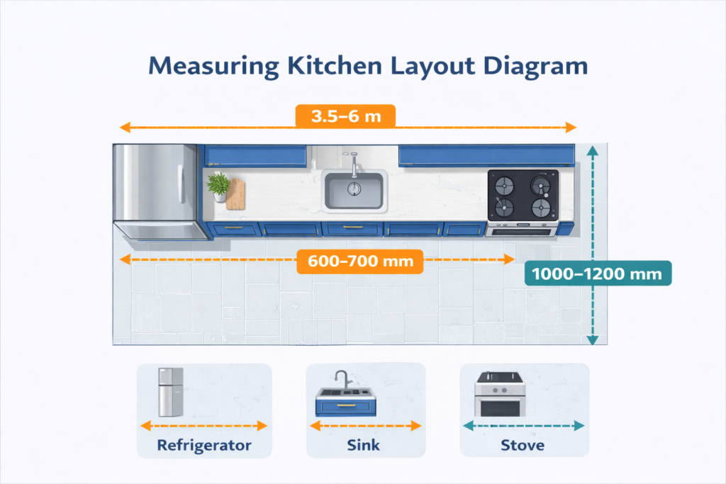 A measuring kitchen layout diagram showcasing standard dimensions for a refrigerator, sink, and stove to help plan kitchen remodel spaces efficiently.