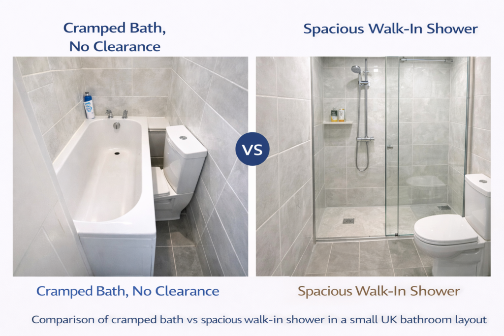 A side-by-side comparison illustrating common bathroom layout mistakes, showing a cramped bath with zero toilet clearance next to a spacious walk-in shower option for a small UK bathroom.