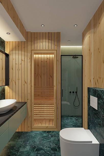 Professional small bathroom renovation services inspired by Scandinavian design, featuring natural wood, modern fixtures, and a built-in sauna. Likely location: No specific location can be determined from the provided caption and image description alone.