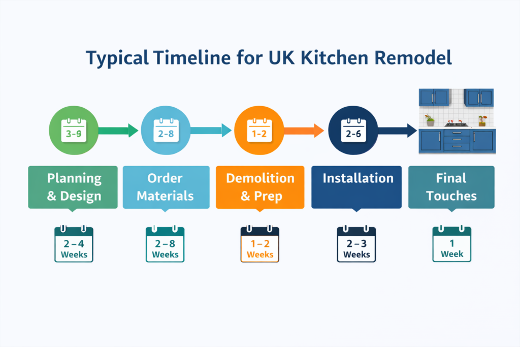 An infographic showing a typical kitchen remodel timeline in the UK, breaking down the process into stages from planning and design to materials ordering, demolition, installation, and final touches with estimated weekly timeframes.