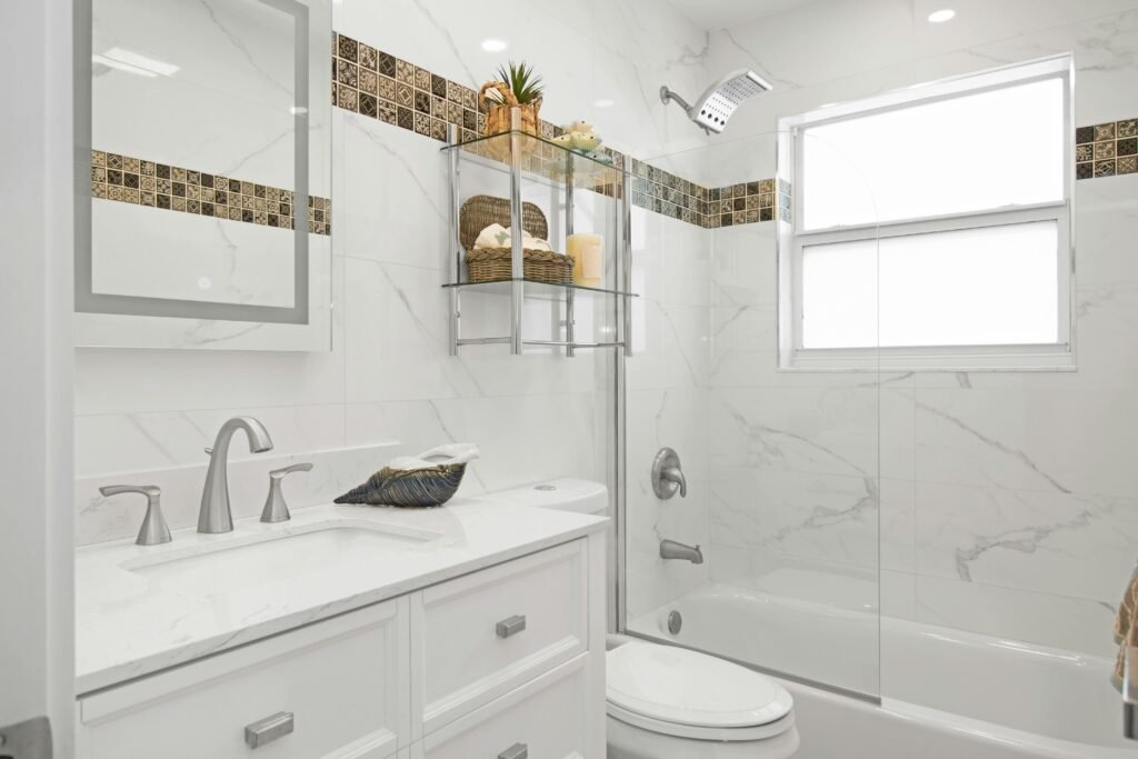 White ceramics bathroom design in Wolverhampton, UK. Modern, clean, and stylish bathroom renovations. Location: Wolverhampton, United Kingdom