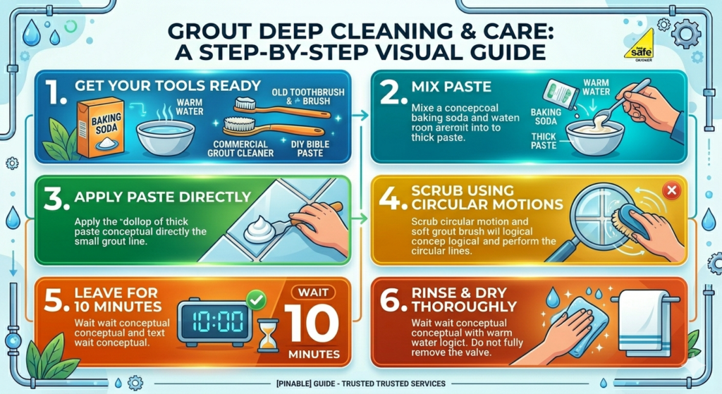 An infographic image shows step by step visual guide for grout dee cleaning & care Wolverhampton
