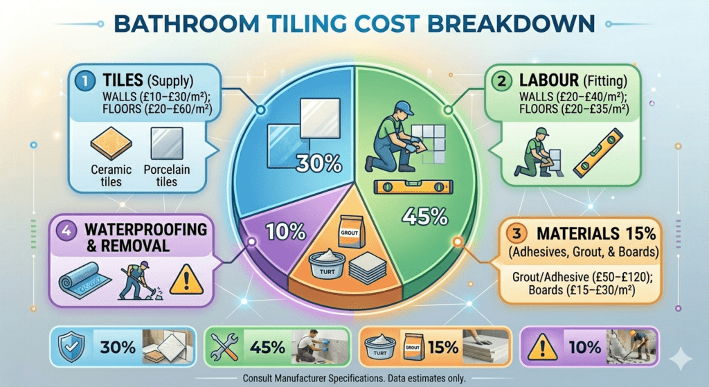 Wolverhampton bathroom tiling cost guide. Expert advice & quotes for tiling bathrooms in WV1-WV11. Affordable, professional service. Location: Wolverhampton, United Kingdom
