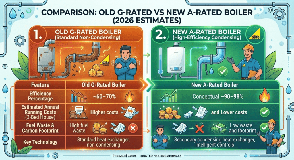 "UK boiler efficiency comparison between old G-rated boilers and new A-rated condensing boilers showing annual energy bill savings.
