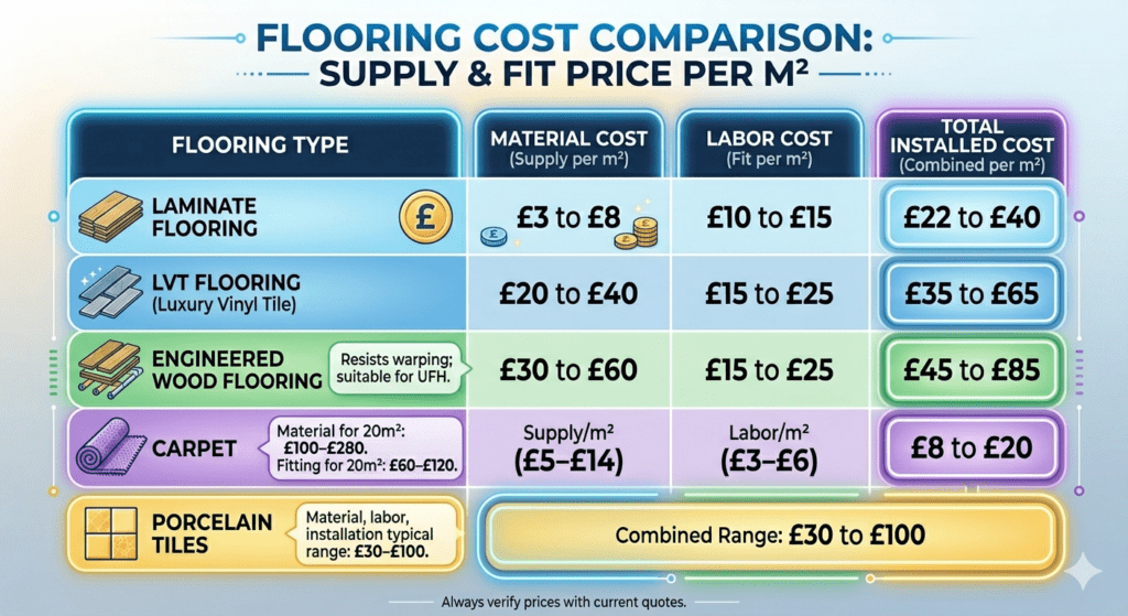Wolverhampton flooring cost chart: Compare prices for laminate, carpet, vinyl & more. Get affordable flooring estimates in the UK. Location: Wolverhampton, United Kingdom
