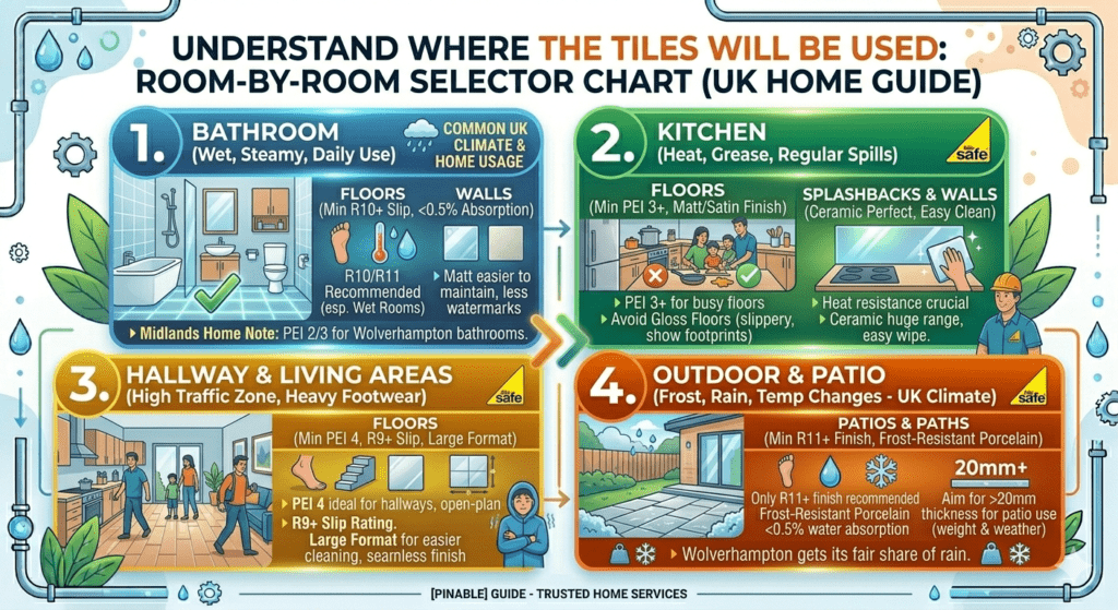 Wolverhampton's TILE UNDERSTANDING CHART: Expert guidance for tiling projects. Find the right tile, understand installation, and achieve stunning results. Location: Wolverhampton, United Kingdom
