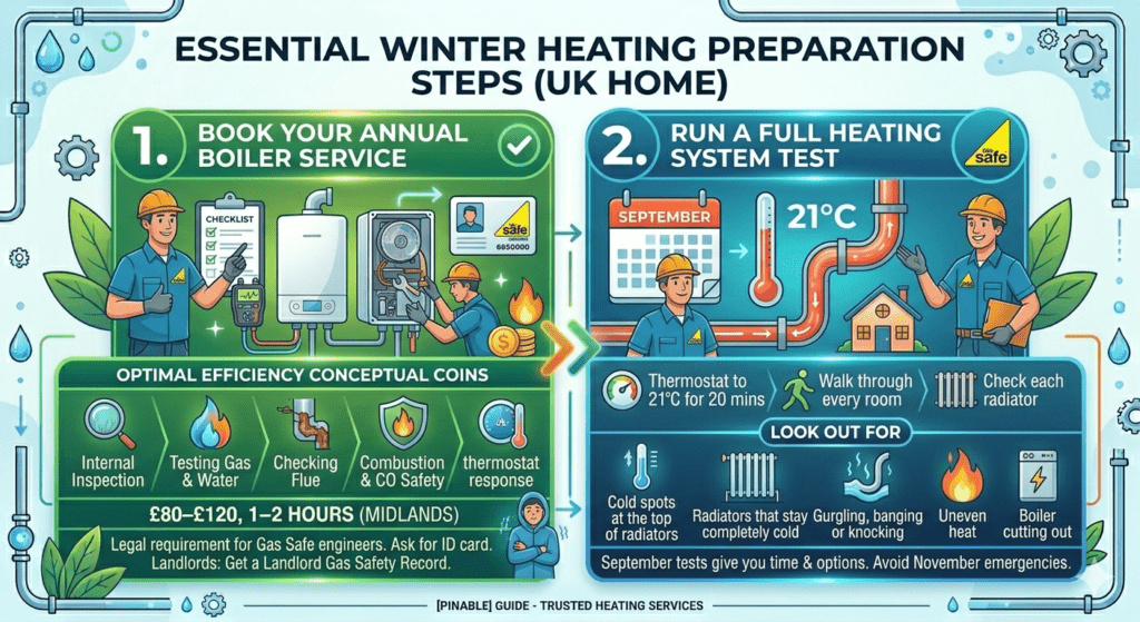 "Winter heating preparation checklist for Wolverhampton homes including boiler servicing, radiator bleeding, condensate pipe insulation and safety checks."