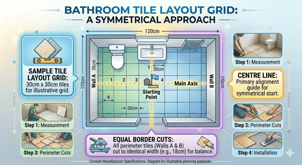 This infographic illustrates a symmetrical approach to bathroom tile layout using a grid system. It details steps like measurement, center line alignment, and perimeter cuts for a balanced installation. Location: Wolverhampton, United Kingdom