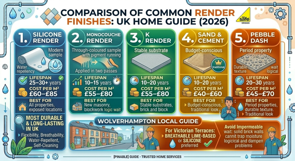 Comparison chart of UK render finishes including Silicone, Monocouche, and Pebble Dash with 2026 price estimates for homeowners choosing a rendering company in Wolverhampton.
