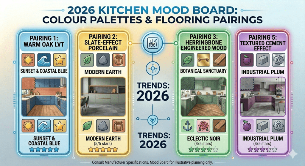 Explore 2026 kitchen design trends with this mood board featuring color palettes and flooring pairings, including Warm Oak LVT, Slate-Effect Porcelain, Engineered Wood, and Textured Cement Effect. Location: Wolverhampton, United Kingdom
