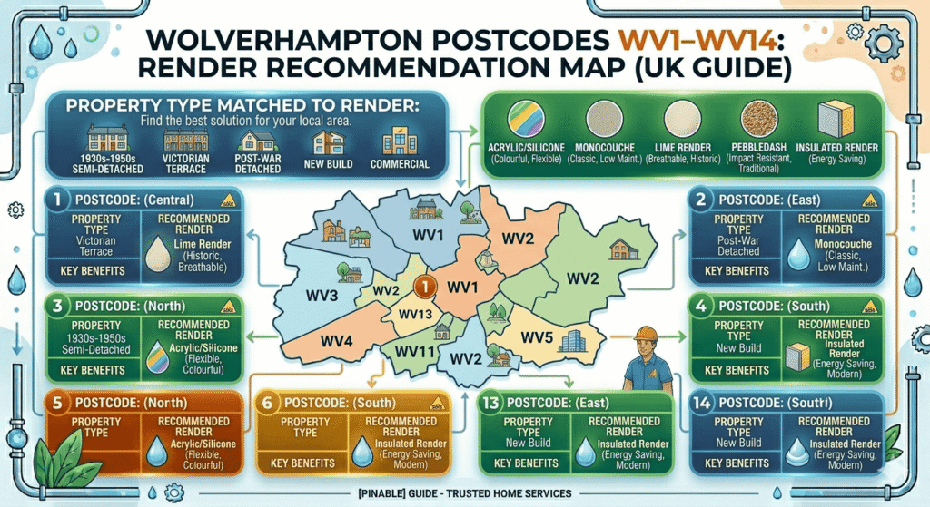 Infographic map of Wolverhampton postcodes WV1-WV14 showing render recommendations by property type for homeowners looking how to choose best plastering rendering company Wolverhampton.