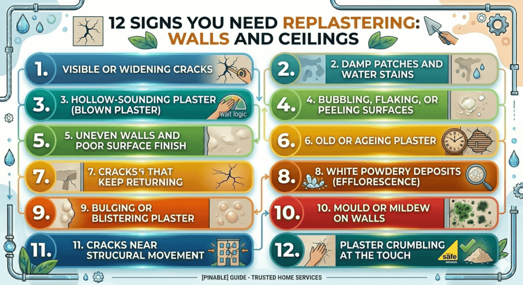 infographic of showing 12 signs when someone need replastering their walls and ceilings for home Wolverhampton Uk