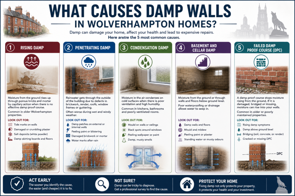 An infographic detailing the five common causes of damp walls in Wolverhampton homes, including rising damp, penetrating damp, condensation, basement damp, and failed damp proof course. Likely location: Wolverhampton, UK