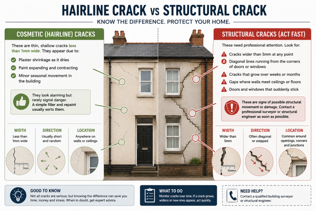 Infographic comparing hairline (cosmetic) cracks and structural cracks in homes, detailing their causes, characteristics, and what actions to take. Location: Wolverhampton, United Kingdom