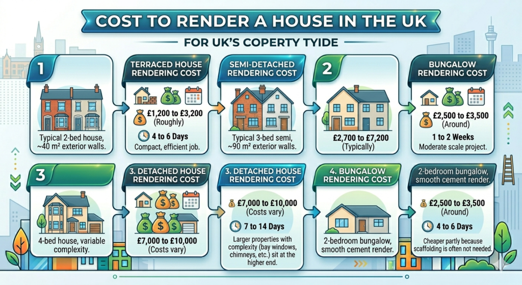 An infographic breaking down the rendering cost UK homeowners can expect by property type, including estimated prices and timelines for terraced, semi-detached, detached houses, and bungalows.