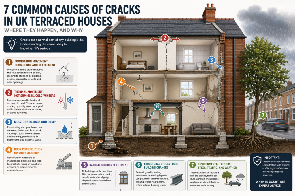 Infographic illustrating the 7 common causes of cracks in UK terraced houses, including foundation movement, thermal expansion, moisture, poor construction, and environmental factors. Location: Wolverhampton, United Kingdom