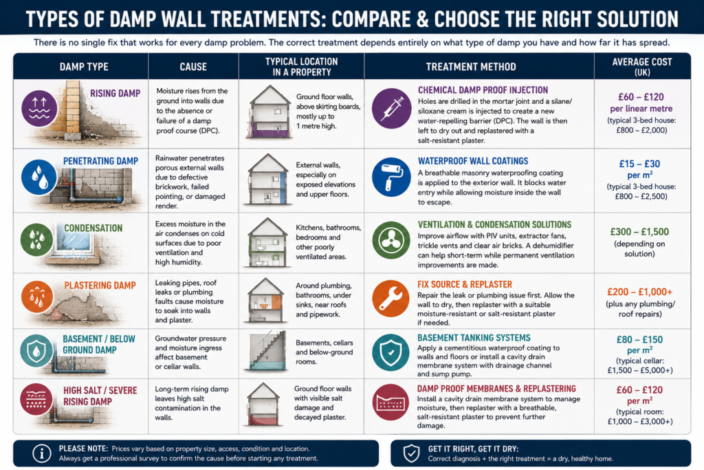 Infographic detailing various types of damp wall problems, their causes, typical locations in a property, treatment methods, and average costs in the UK. Location: Wolverhampton, United Kingdom