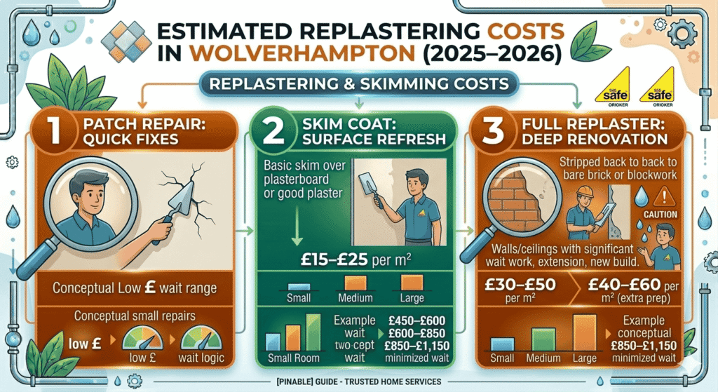 Cost breakdown bar chart showing patch repair vs skim coat vs full replaster for small, medium, and large rooms in Wolverhampton